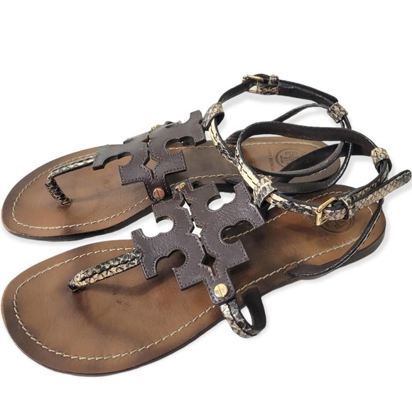 Tory Burch Shoes - Tory Burch Chandler Sandals Thong Flats Ankle Strap Brown Snake Embossed Size 8
